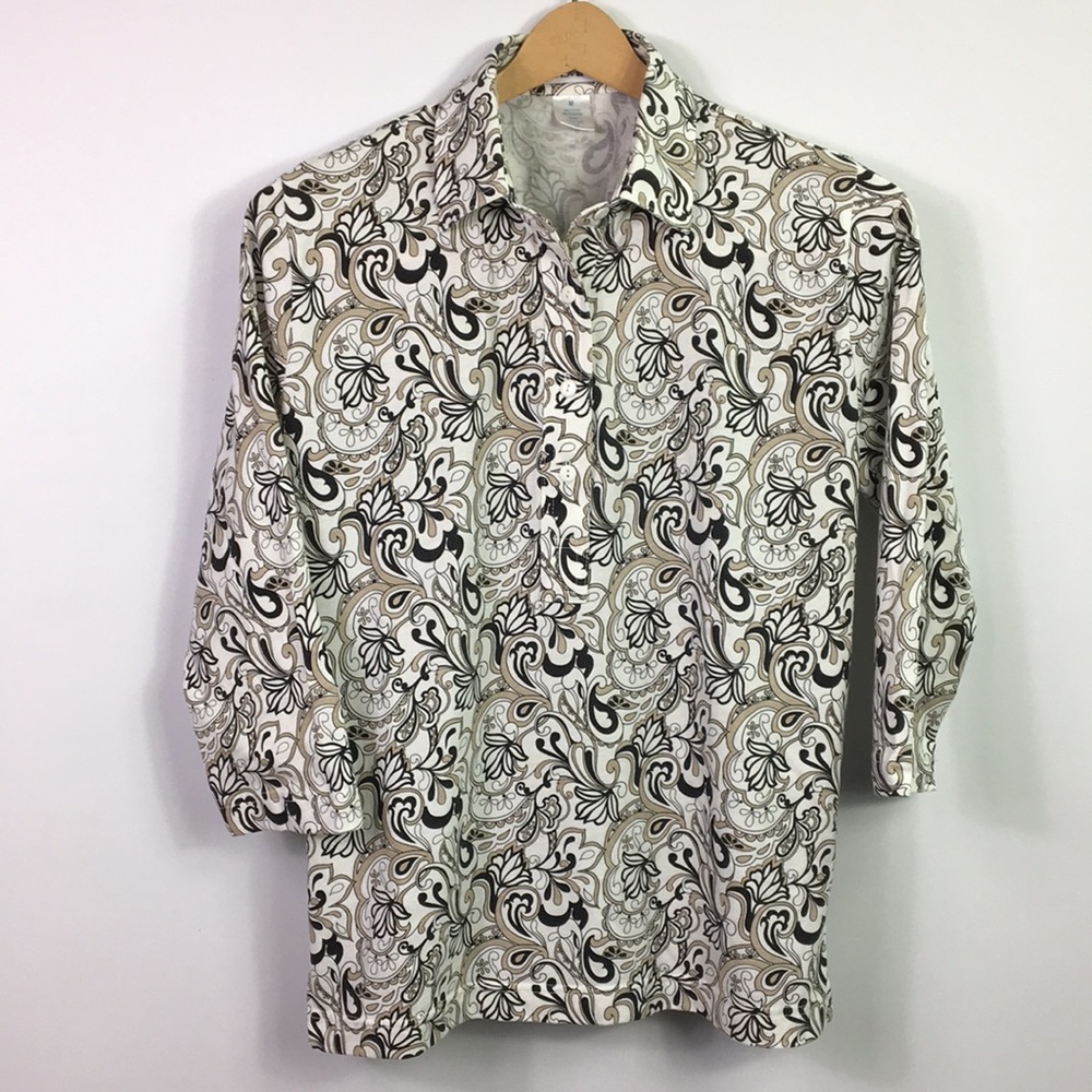 Leon Levin Blouse womens White Black 4 buttons‎ up 3/4 sleeves Polo Size M